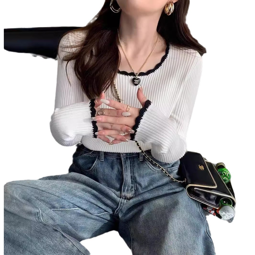 New round neck knitted sweater with high-end winter and early autumn feel, with inner long sleeves and designer's new base shirt