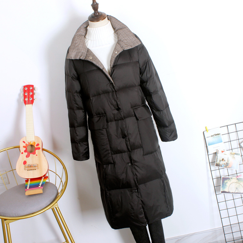 Down jacket, female trend designer, autumn and winter new styles, fashionable personality, large pocket, mid length, over the knee, Thousand Bird grid