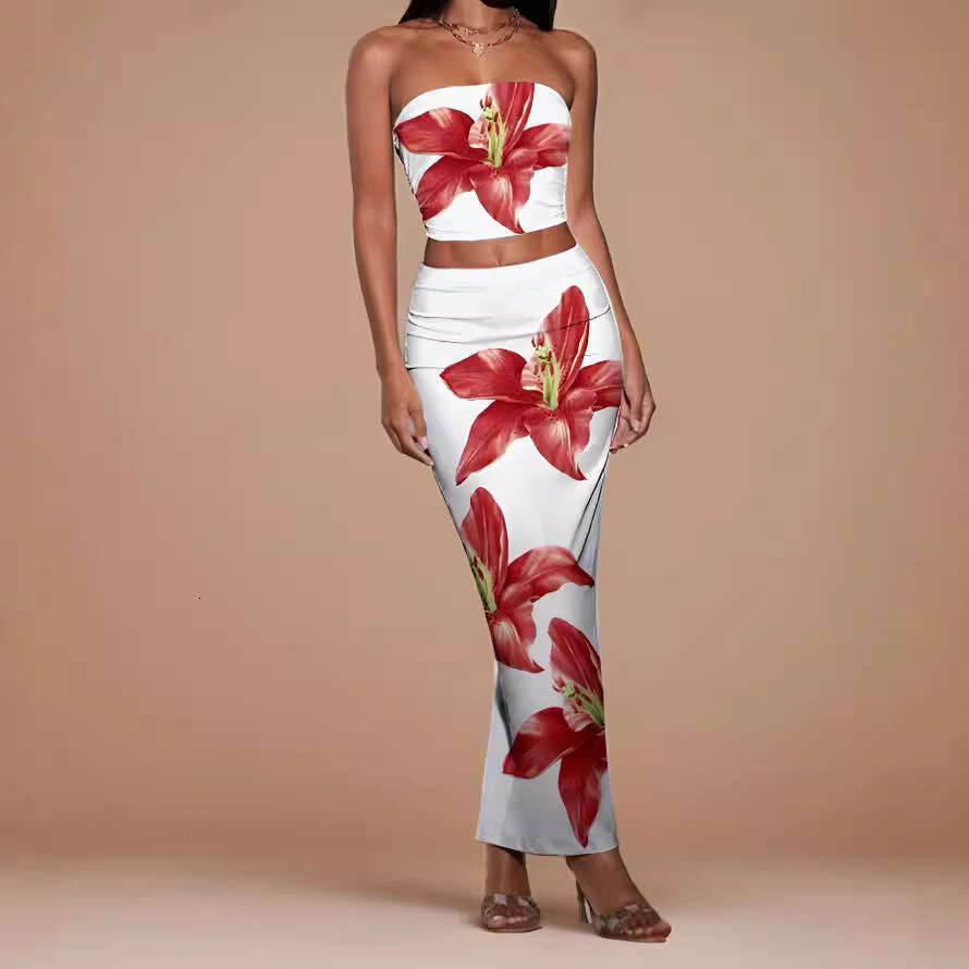 2024 Fashion Flower Printed Multi Color Temperament Slimming Set with Skirt Mask and Hip Wrap