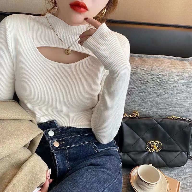 Autumn and winter new Heart Machine women's hollow Western style base slim design semi designer high neck knitted sweater