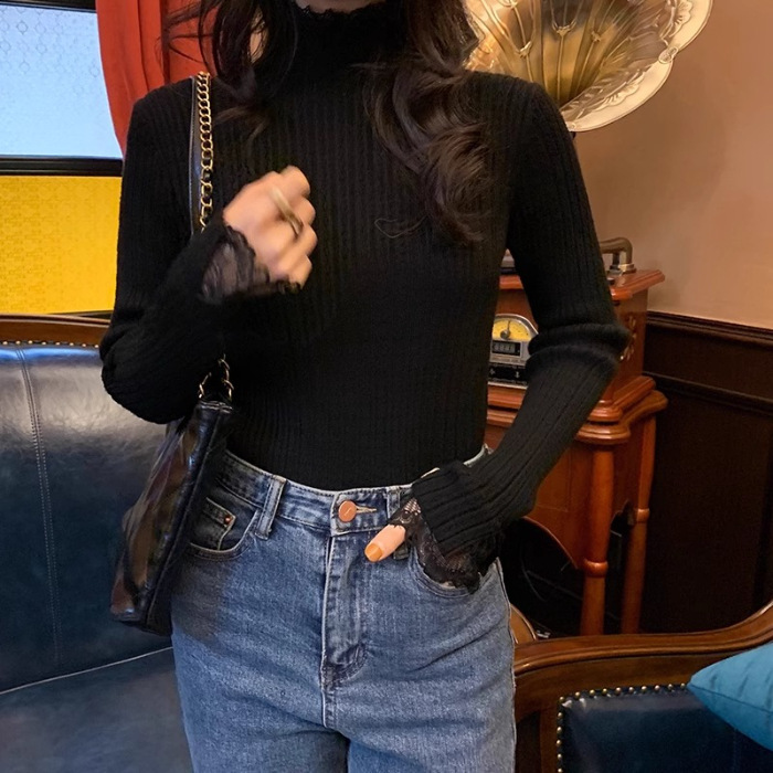 New lace trimmed semi high neck white women's sweatshirt for early autumn, new long sleeved woolen designer jacket, knitted top