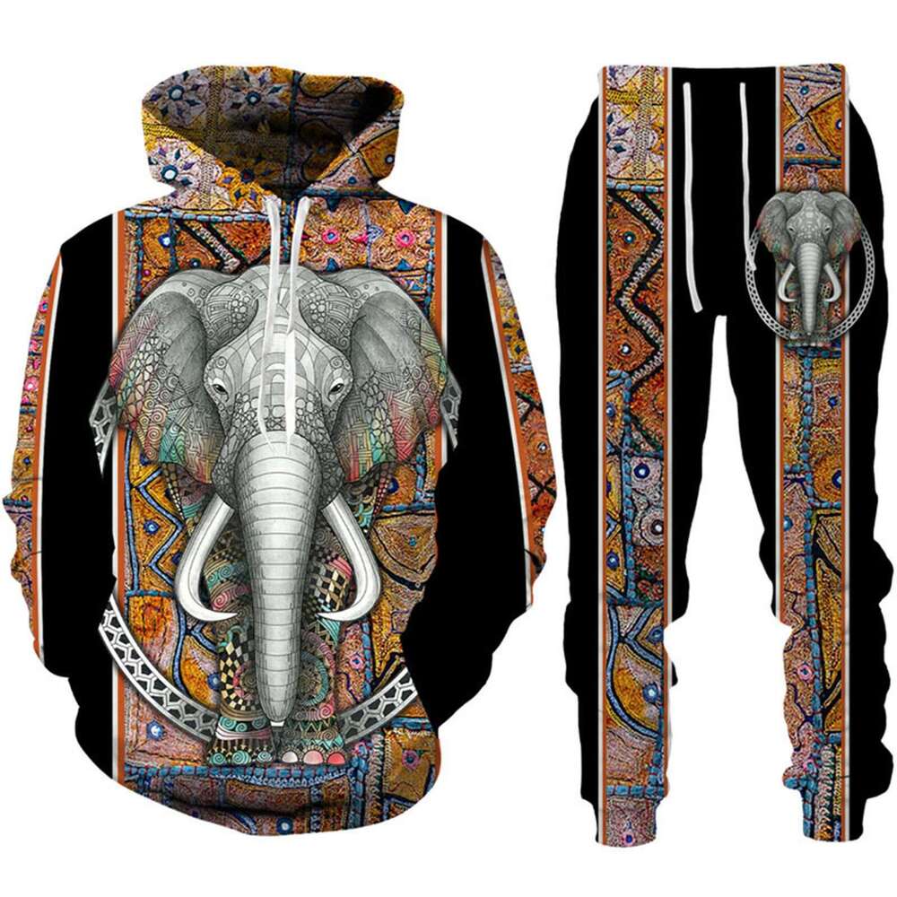 2024 Autumn/Winter Men's Elephant Pattern 3D Printed Long Sleeve Hoodie, Sweatshirt, Pants, Animal Set