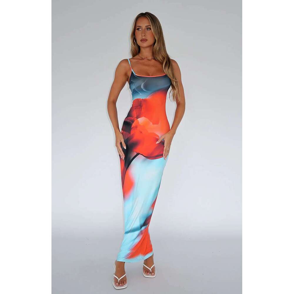 Ins Women's 2024 Fashion Slim Fit Waist Dress Digital Printed Long Tight Strap Skirt