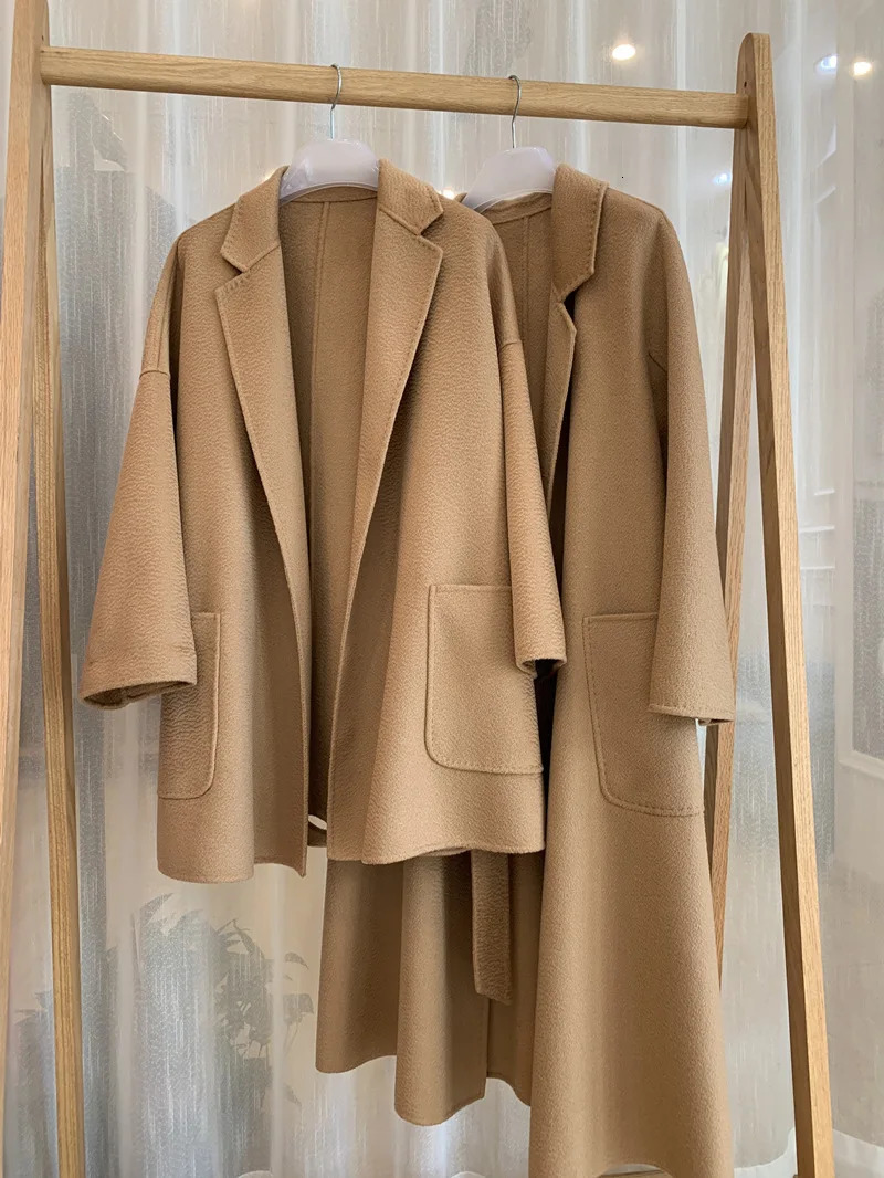 RosEvans Winter 100 Wool Coat Women Midlength Jackets Water Ripples Autumn Camel Commuting 241121