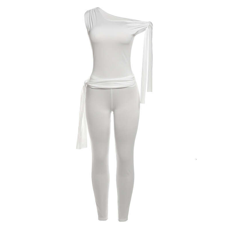 Wind 2024 Summer New Women's Strap Single Shoulder Sleeve T-shirt High Waist Bag Hip Casual Pants Set for Women