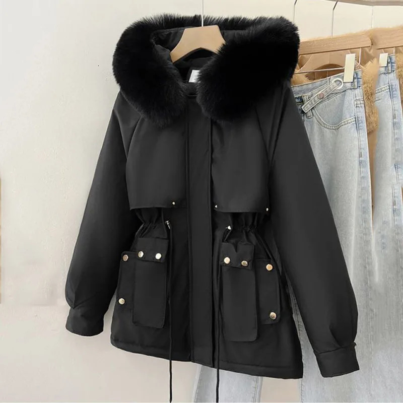 Temperament Parkas Cotton Jacket Women 2024 Winter Thick Warm Hooded Fur Collar Mid Long Down Coat Female Windbreaker 241120