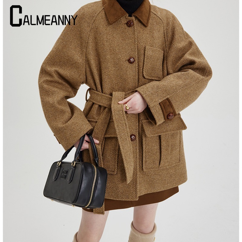 2024 Autumn Winter New Style Fashion Women's Coats Casual Loose Versatile Retro High Quality Pockets Belt Tweed Coat