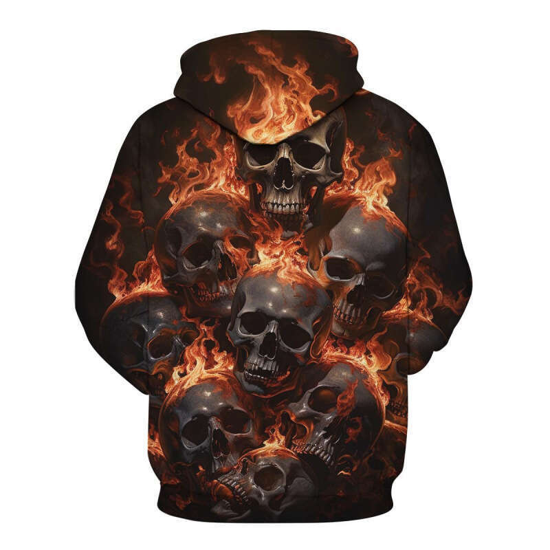 2024 Spring Autumn New European and American 3D Digital Printed Flame Skull Casual Hoodie