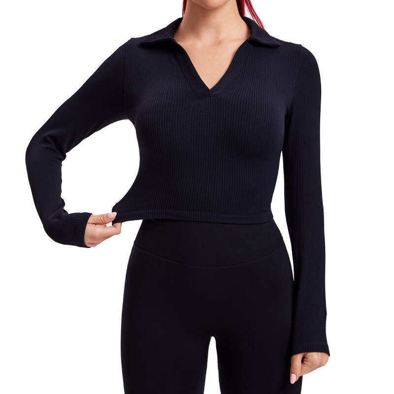 Sexy body shaping V-neck slimming polo shirt for women, slim fit sports yoga outfit, top with high elasticity and quick drying thread, long sleeves