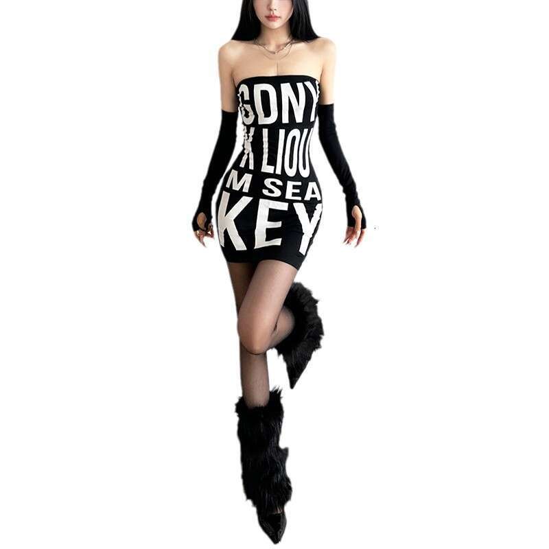 Wind 2024 Autumn New Women's Clothing Large Letter Printed Waist Bag Hip Dress Sleeve Set
