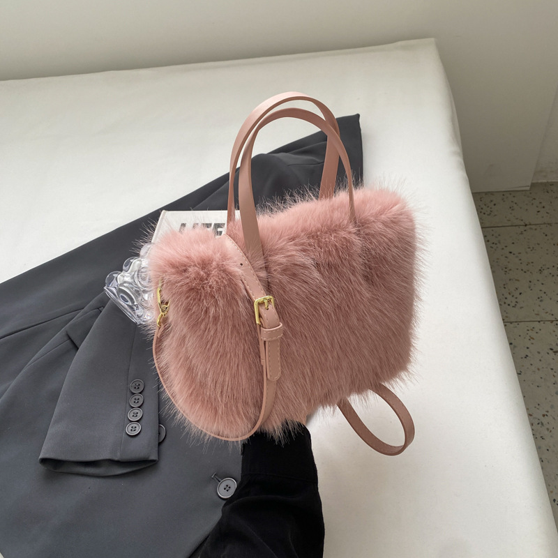 Faux Fur Bag Patchwork Leather Women's Bucket Plush Design Ladies Handbags Tote Shoulder Bags Bright Bolsa Feminina