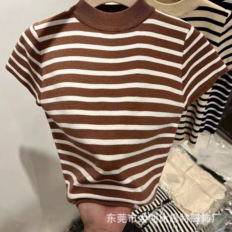 Autumn new semi high neck striped bottom knitted women's slim fit short sleeved designer ice silk shoulder T-shirt sweater