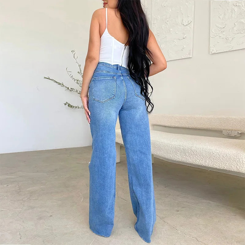 Mandylandy womens jeans long waist torn worn comfortable wide legs denim pants washed holes streetwear denim Trousers 241122
