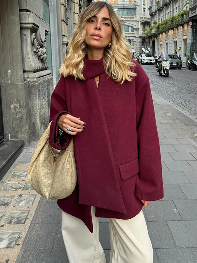 Burgundy Red Woolen Suit Jacket With Scarf Collar Women Chic Oversized Flip Pockets Solid Coats High Street Lady Streetwear 241121
