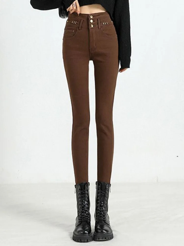 Fashion n Thick and Thin Pencil Jeans Womens Stretch High Waist Velvet Lined Denim Pants Winter Warm Ankle Length Vaqueros 241122