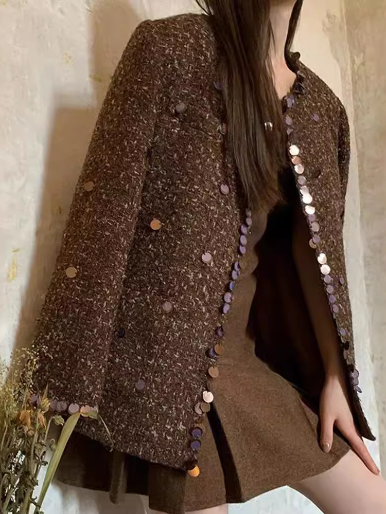 UCXQ Fashion Tweed Jacket Korean Style O Neck Sequin Splicing Cardigan All-Match Woven Woolen Coat Women 2024 Spring Autumn 1384