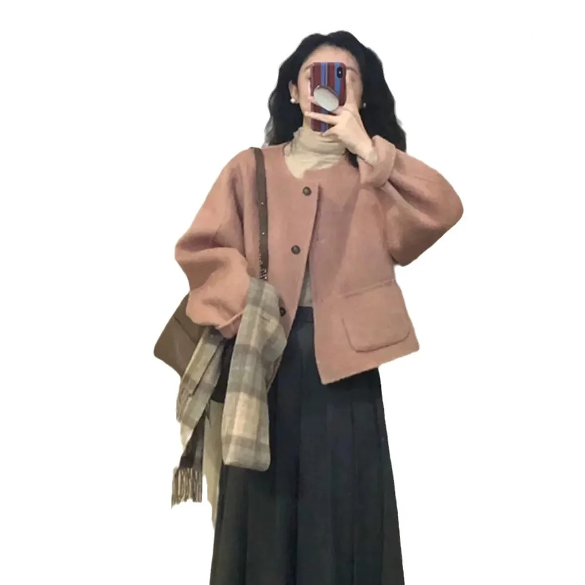 AutumnWinter Tweed Style Woolen Jacket For Women Arrival 2024 Spring Cropped Casual Korean System Loose Fit Coat 241121