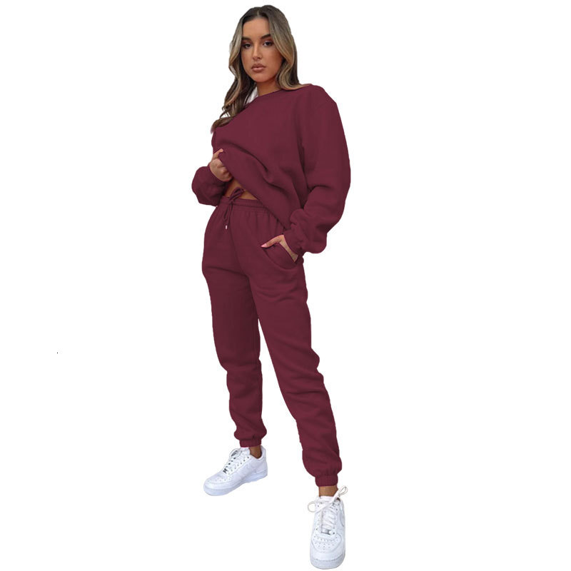 Autumn And Winter Solid Color Round Neck Pullover Pants Women's Fashion Casual Long Sleeve Sweater Set New Product