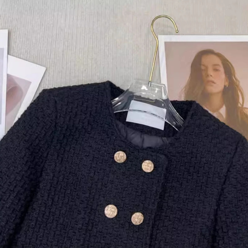 Black Down Cotton Jacket Womens Autumn Winter Doublebreasted Elegant Casual Short Chic Top Coat ONeck Tweed Warm Outwear Lady 241125