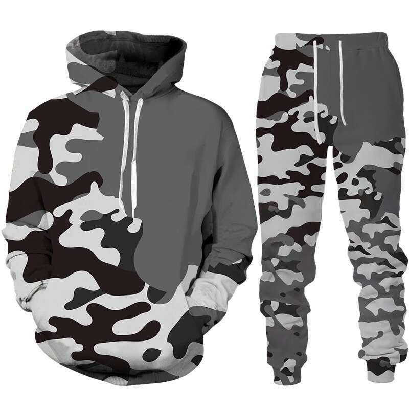 2024 autumn and winter new camouflage 3D digital printing daily men's hooded casual loose hoodie set