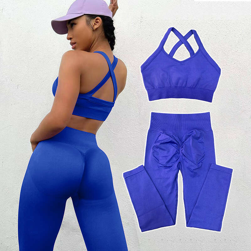 European American new seamless knitted suit for women's sports fiess, high waist and hip lifting yoga pants set