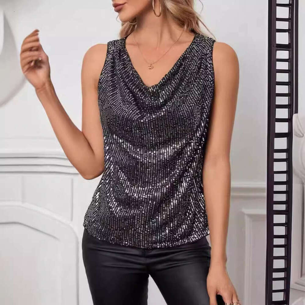 New sexy V-neck strapless fashion sequin loose short pullover women's vest