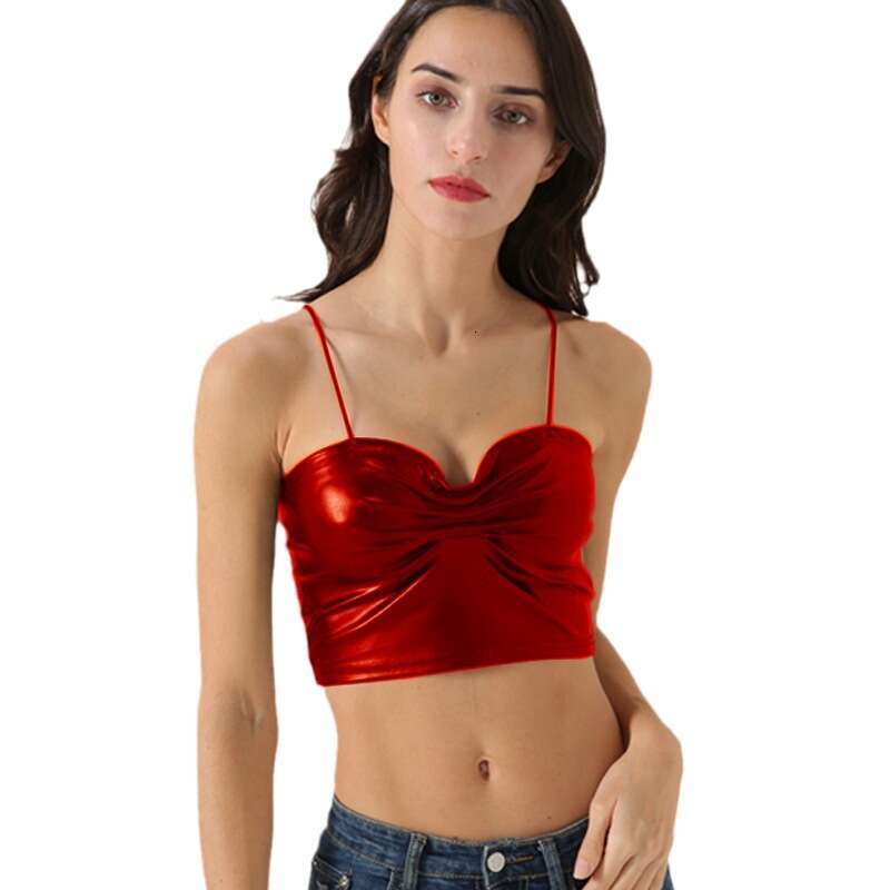 Autumn hot girl shiny patent leather vest sexy pleated suspender strapless women's wear now