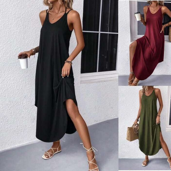 2024 Summer Elegant Cotton Polyester Sling Style Neck Hanging Solid A-line Women's Dress