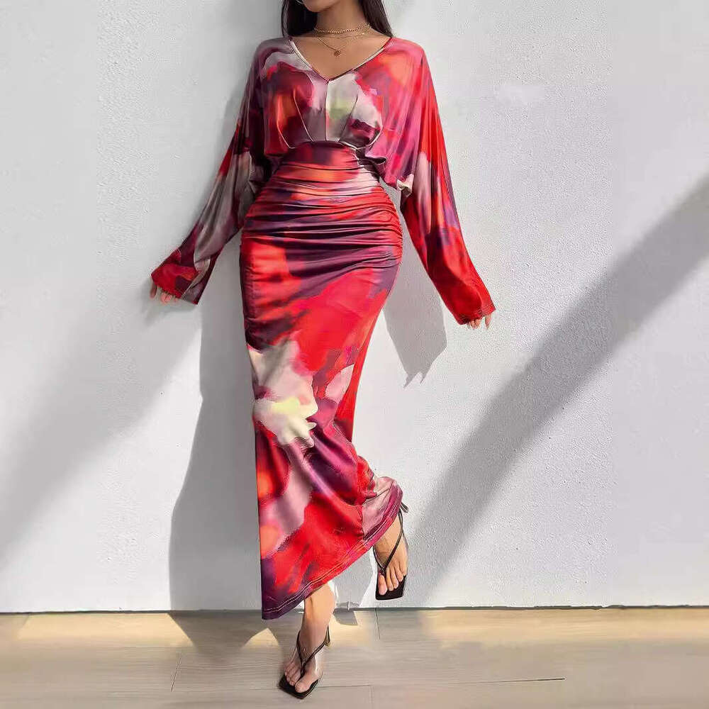 2024 Shein autumn new V-neck pleated women's sexy slim fit batwing sleeve dress