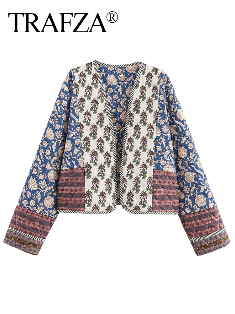TRAFZA Vintage Womens Print Patchwork Cotton Jacket 2024 Quilted Long Sleeve Loose Short Warm Coat Autumn Winter Female Outwear 241120