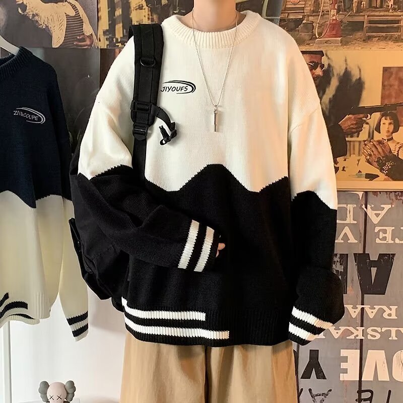 New lazy style round neck men's autumn new versatile casual contrasting color knitted sweater Korean version fashion pullover designer men's