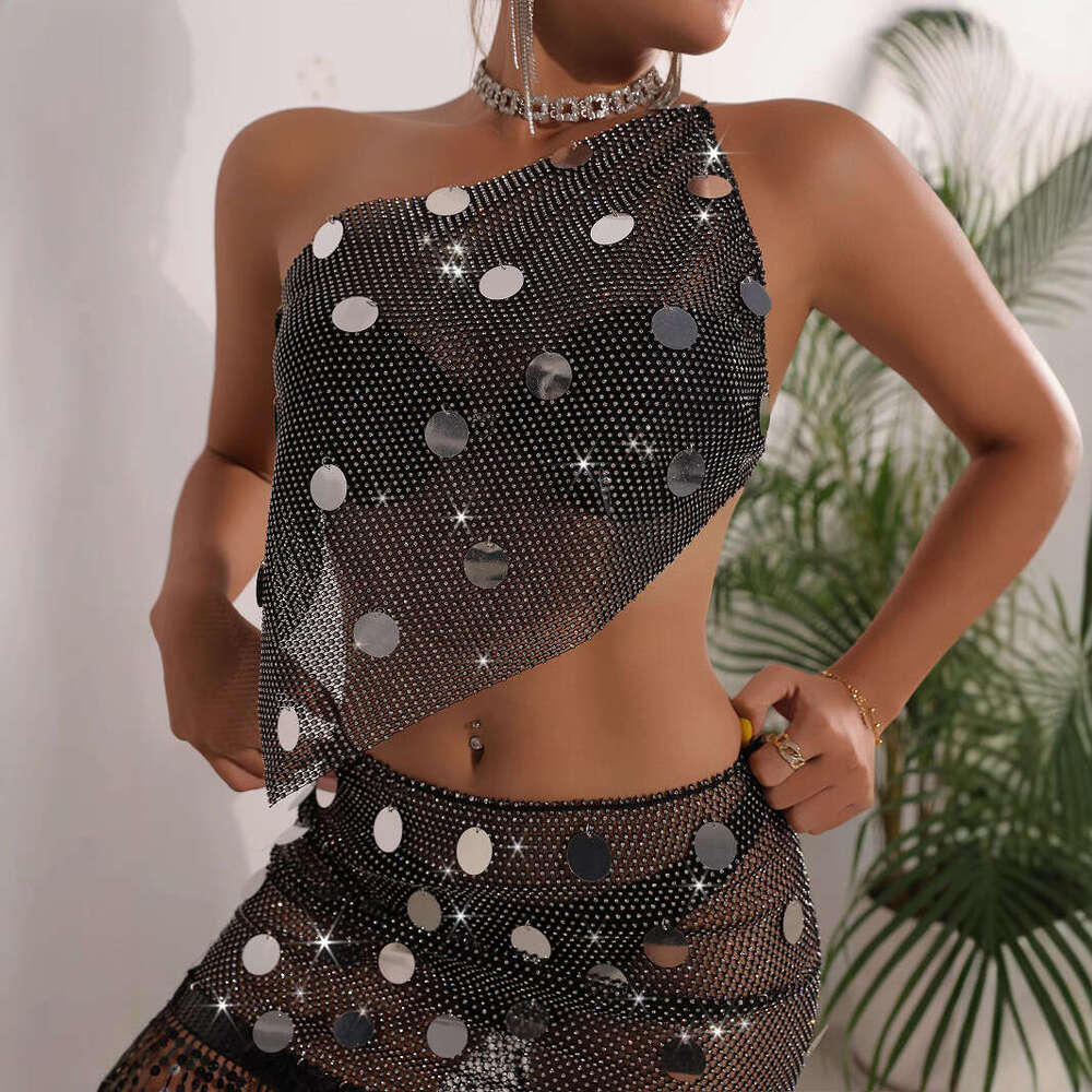 INS2024 women's sexy new hollow see through mesh rhinestone set skirt L23540