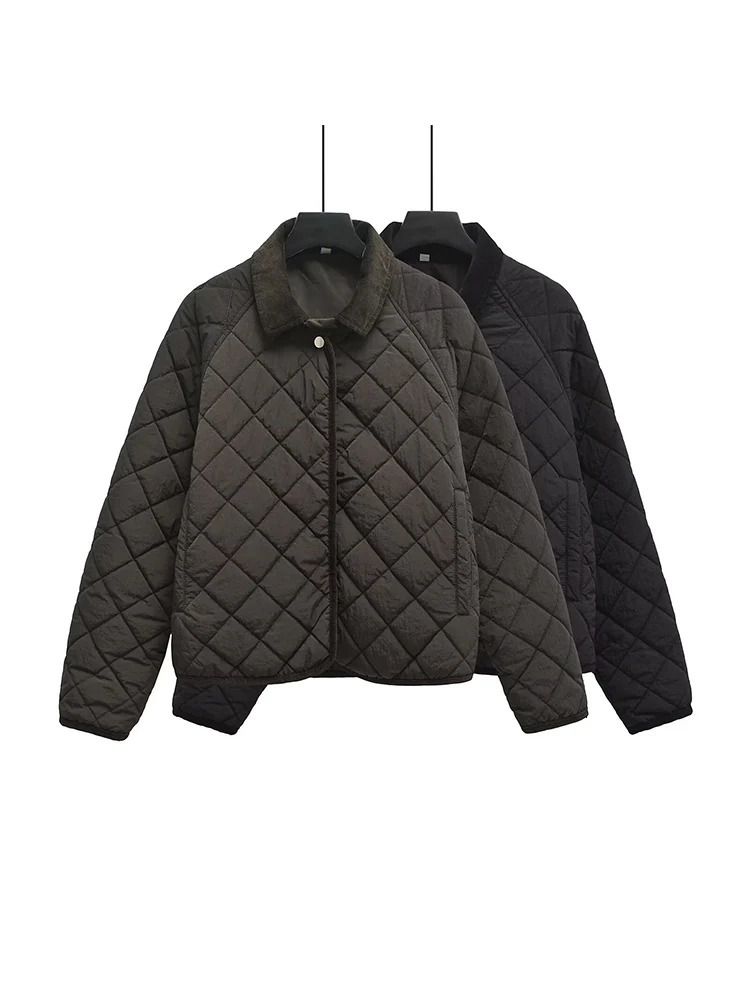 Autumn and winter 2024 womens casual simple diamond pattern quilted short version small high collar cotton jacket 241120