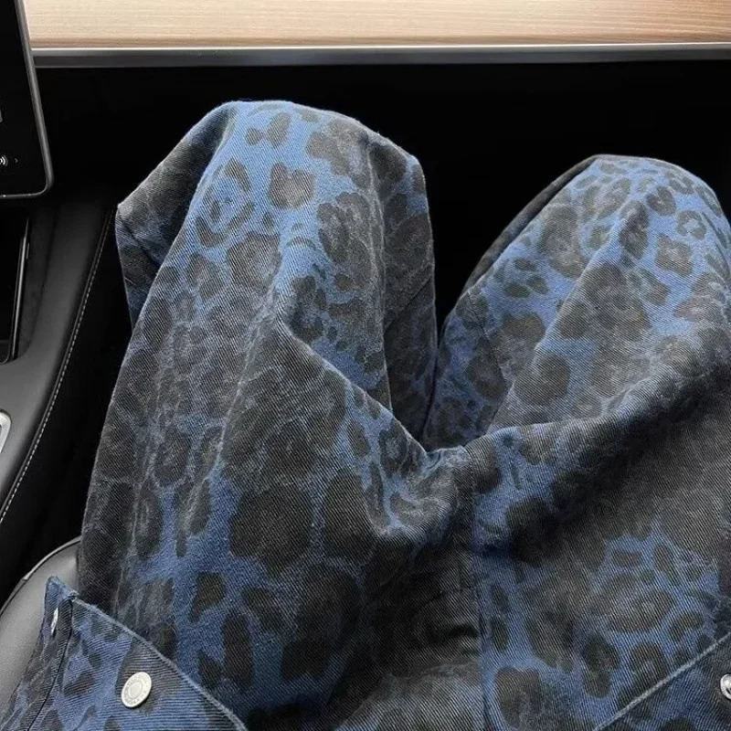 Spring American Retro Leopard Pattern High End with Loose Touch Suitable for Womens Straight Leg Wide Leg Jeans 241122
