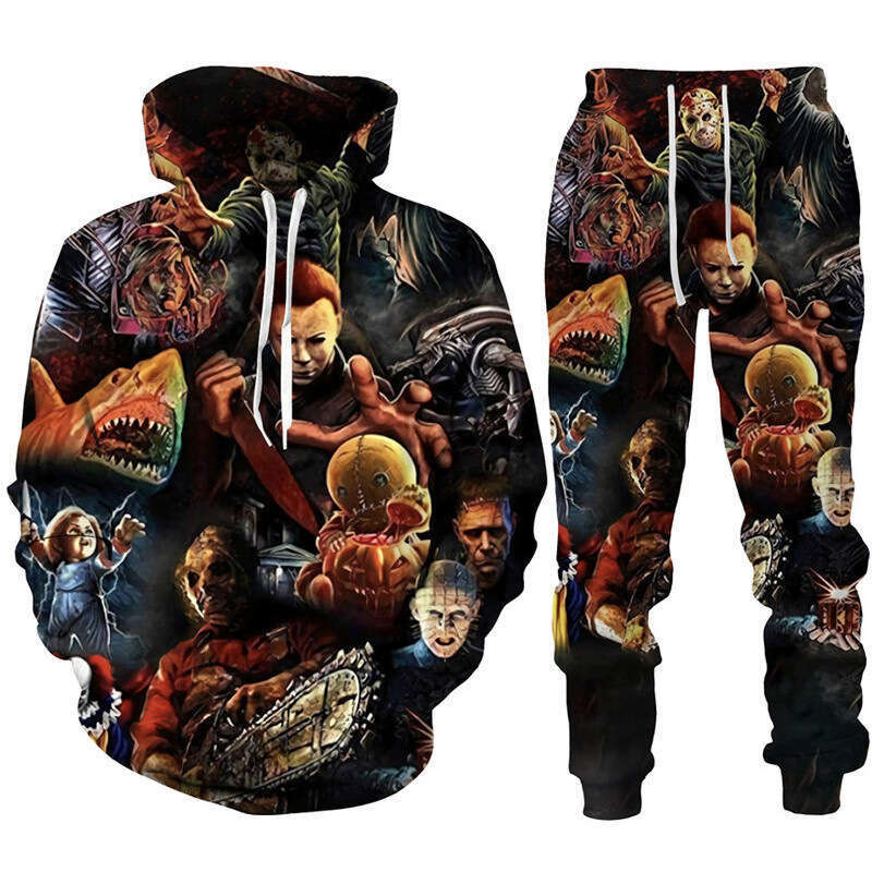 2024 new men's hooded set funny Halloween 3D digital printed sweatshirt pants