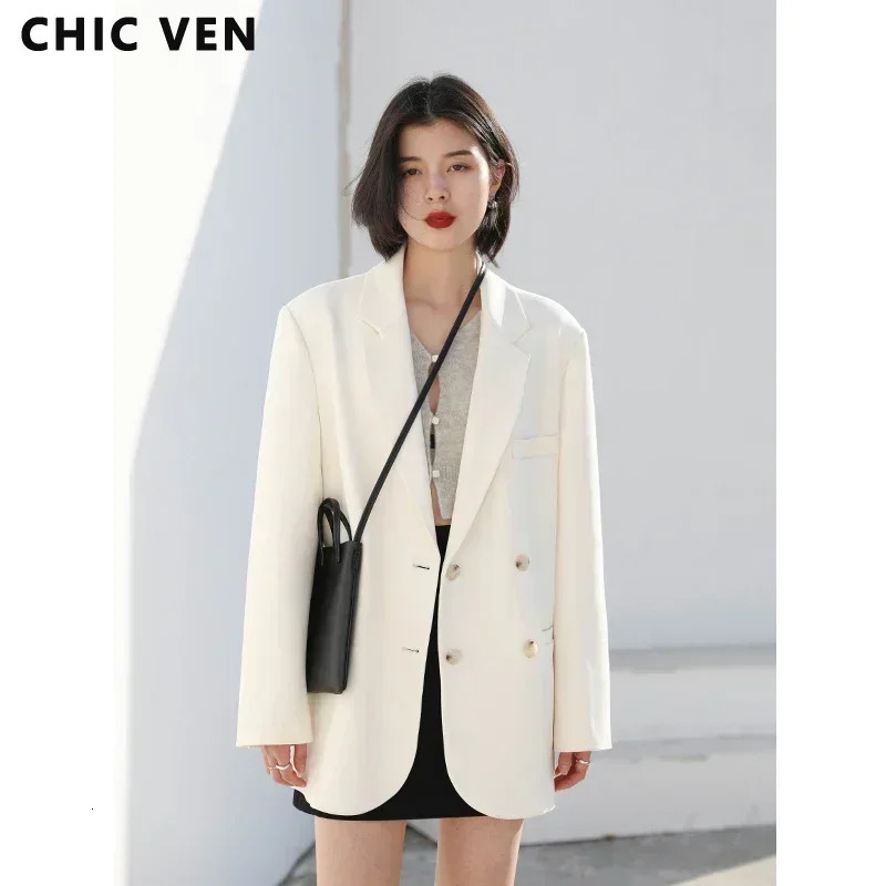 CHIC VEN 2021 Fashion Women's Blazer Office Lady Long Sleeve Double-Breasted Mid-Length Casual Coat Ladies Outerwear Stylish Top