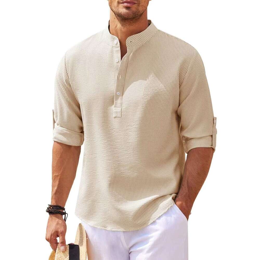 New European and American long sleeved stand up collar open top striped foam men's plus size shirt 2024 new casual fashion trend clothing