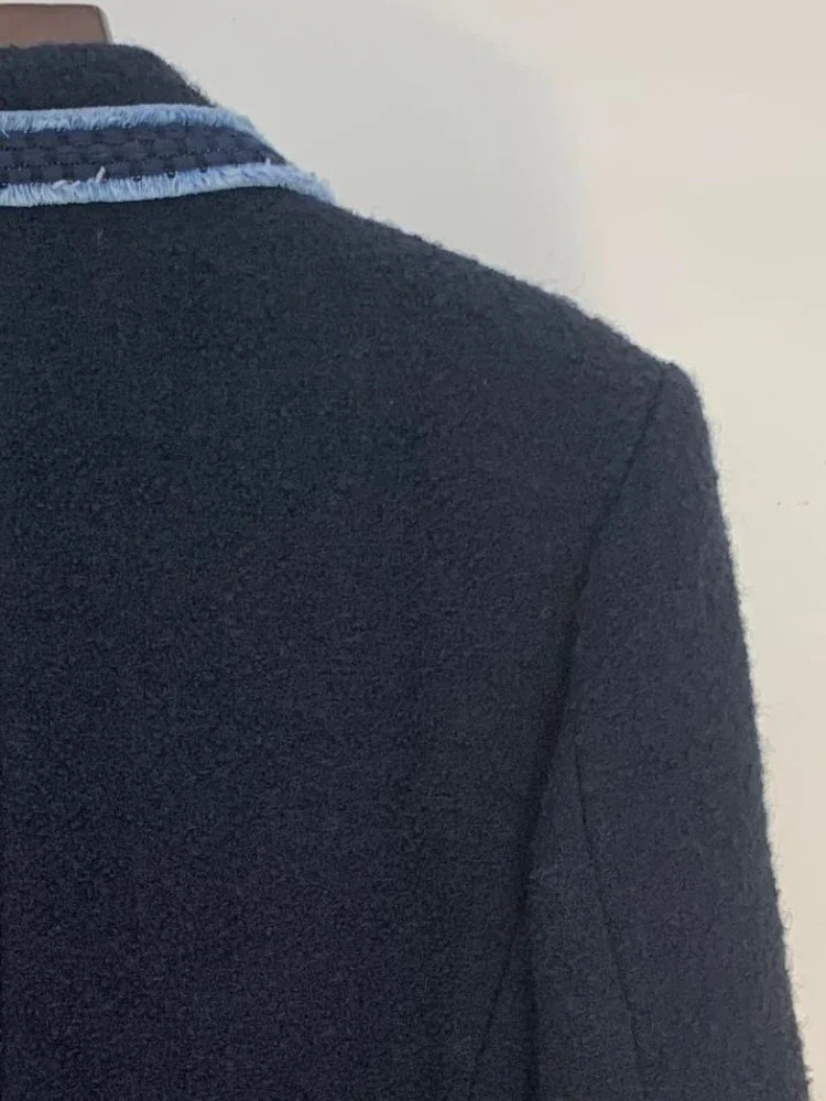 Fashionable Elegant Autumn And Winter Contrast Color Collar Dark Blue Tweed Suit Jacket