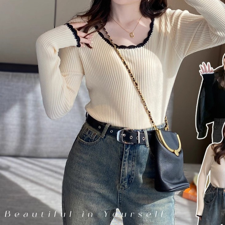 New round neck knitted sweater with high-end winter and early autumn feel, with inner long sleeves and designer's new base shirt