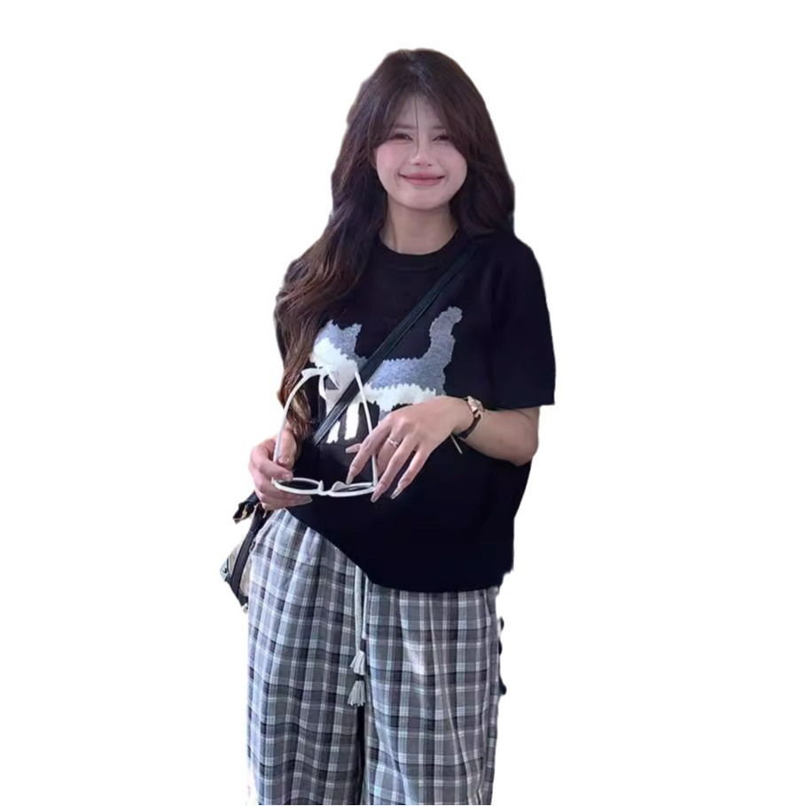 Winter new grey jacquard women's T-shirt loose round neck knitted shirt designer short sleeved top Ins