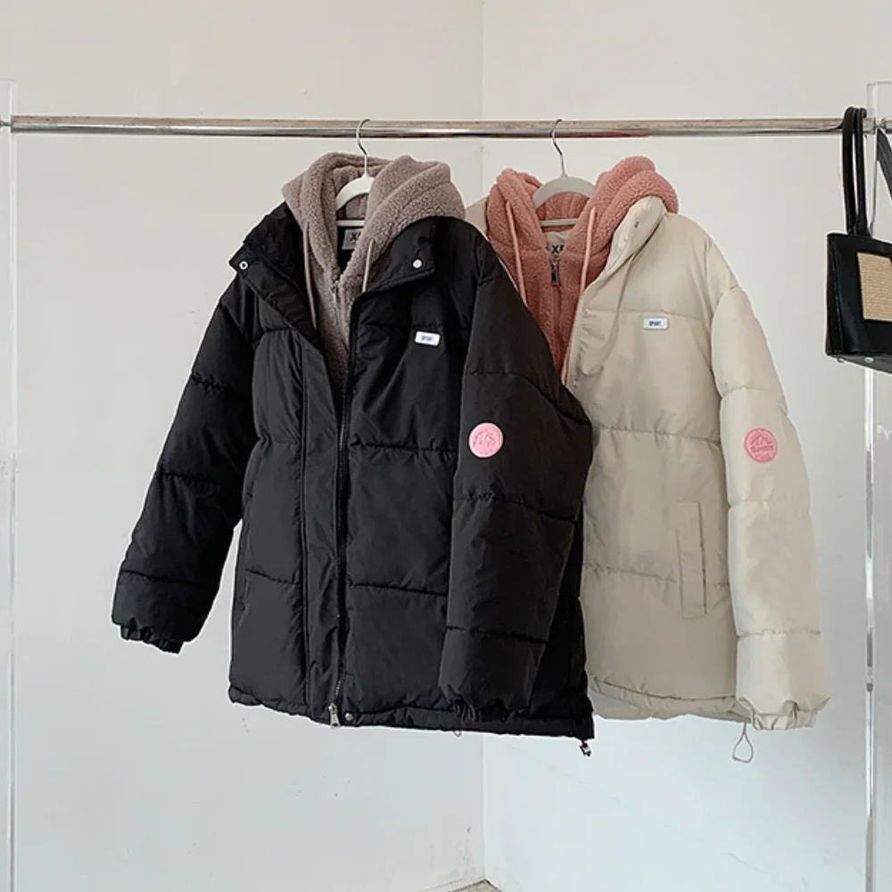Korean Thicken Puffer Jacket Women Hooded Spliced Lamb Wool Cotton Padded Coats Female Warm Autumn Winter Short Parkas Mujer 241125