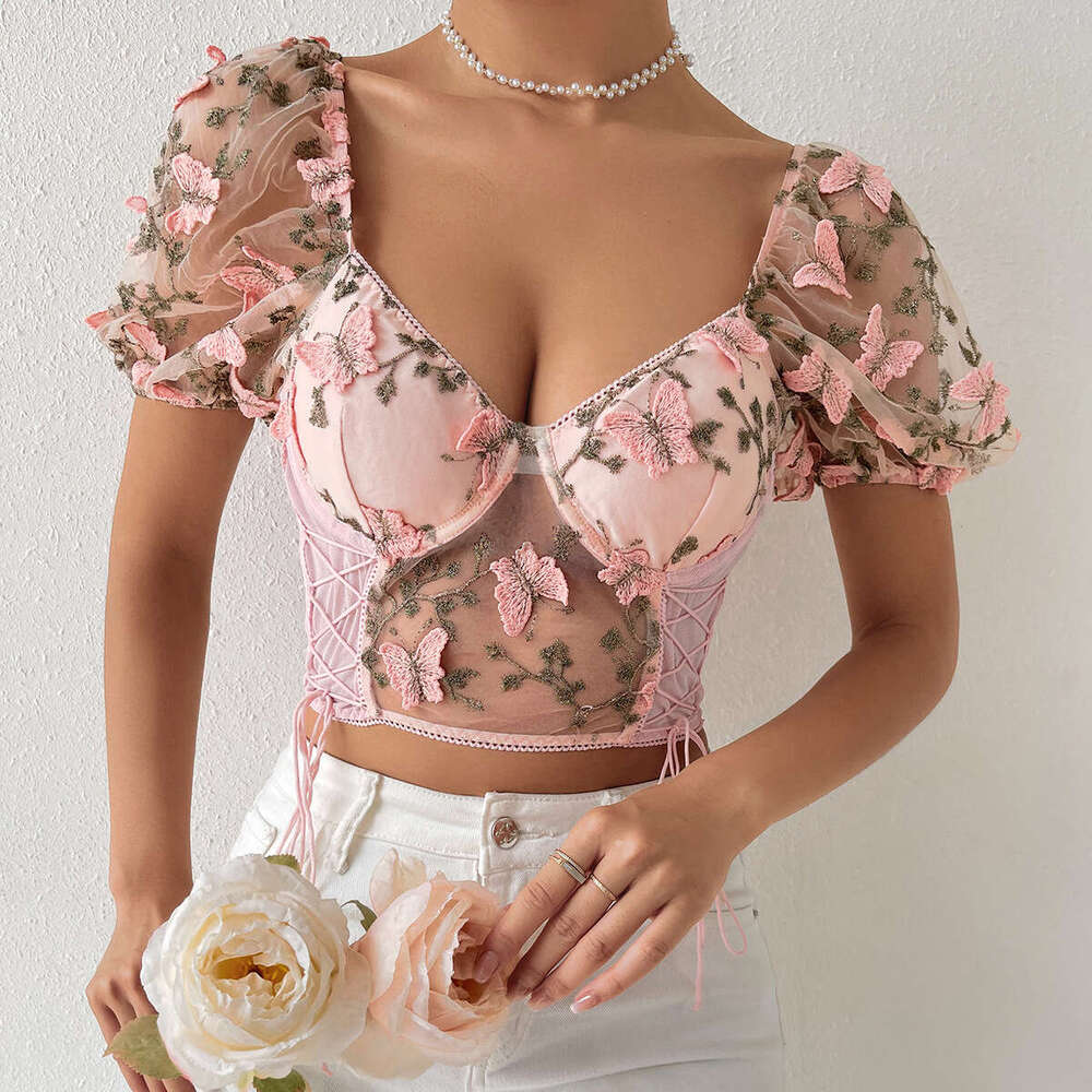 New Spicy Girl Open Back Perspective Butterfly Embroidery Hanging Strap Spliced Mesh Small Tank Top 10622
