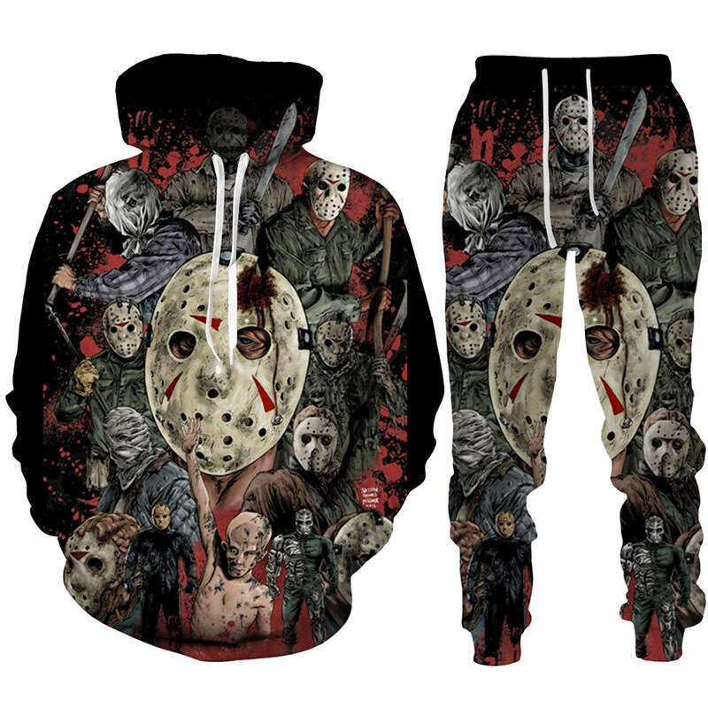 2024 new men's hooded set funny Halloween 3D digital printed sweatshirt pants