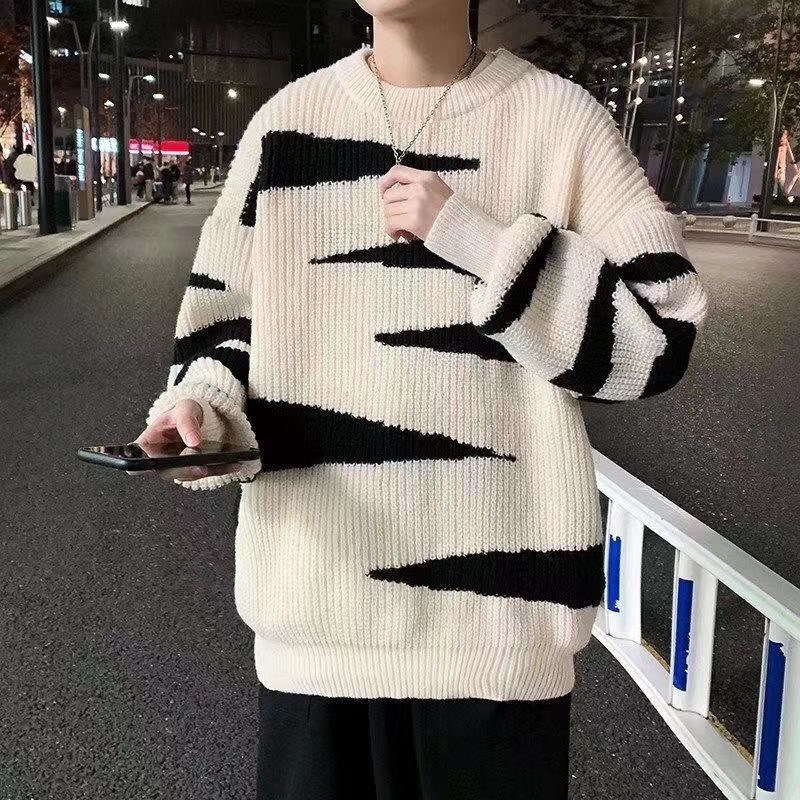 New striped color blocked men's autumn and winter round neck knitted sweater designer winter sweater trend hoodie