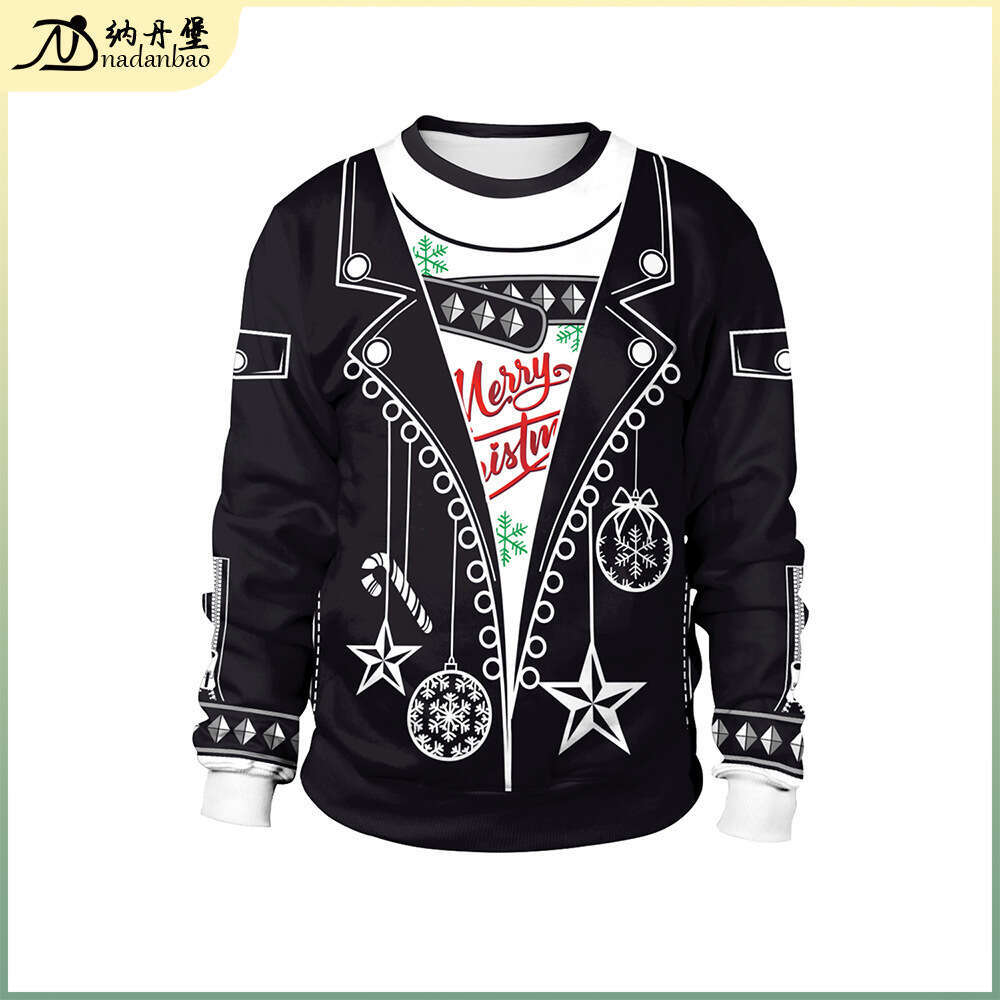 2024 New Punk Style Jacket 3D Printed Christmas Deer Pattern Fake Two Piece Round Neck Hoodie for Men and Women