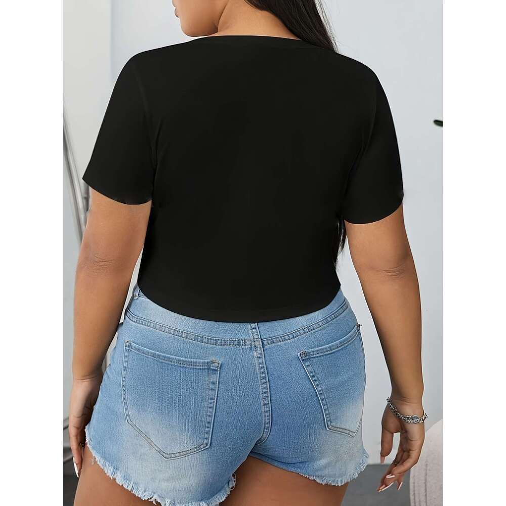 Large solid pleated collar T-shirt, spring and summer casual short sleeved top, women's plus size clothing
