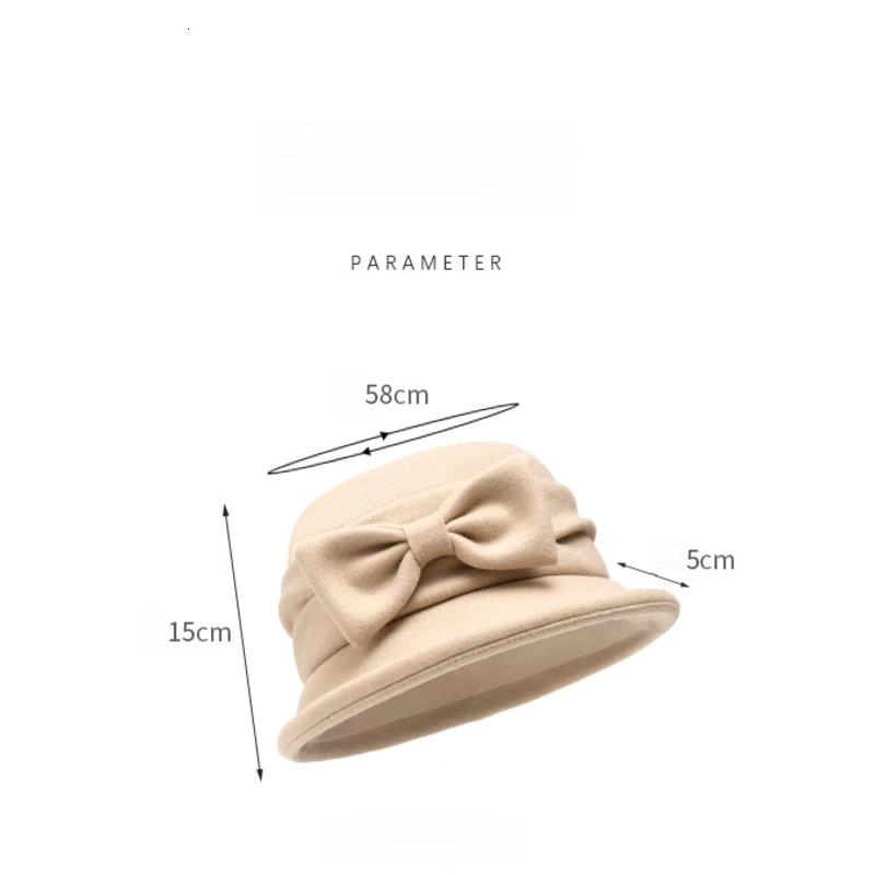 Womens Cotton Blend Fall Winter Bucket Hat 58cm Solid Color with Bow Small Brim Flat Top Fedoras 241125