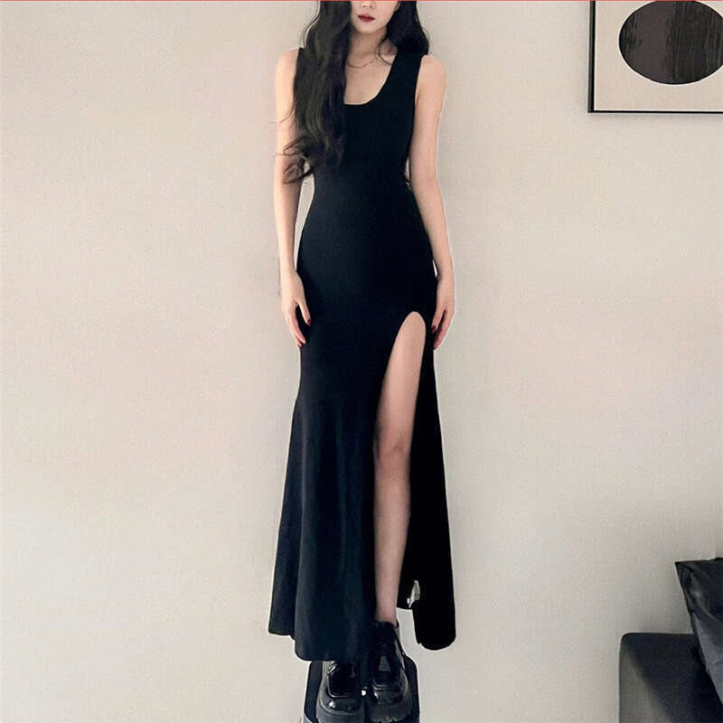 2023 Women's Spring Summer New Fashionable and Sexy Solid Color High Waist Long Split Dress for Women