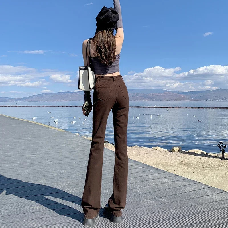 ZOENOVA Womens Brown Shining Jeans Elastic Tight Straight Summer Jeans rens Y2k Casual Street Clothing Retro Trousers 241122