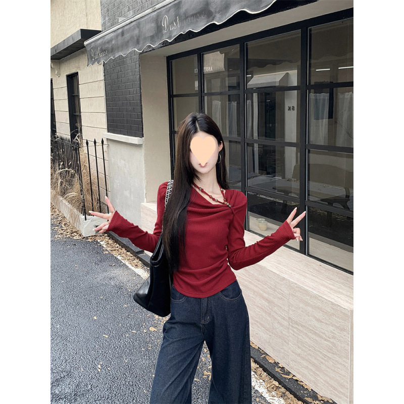 New Angola Red Bead Long Sleeve Knitted Women's Early Autumn New Tie up Folding Slim Fit Top Slant Shoulder Designer Sweater